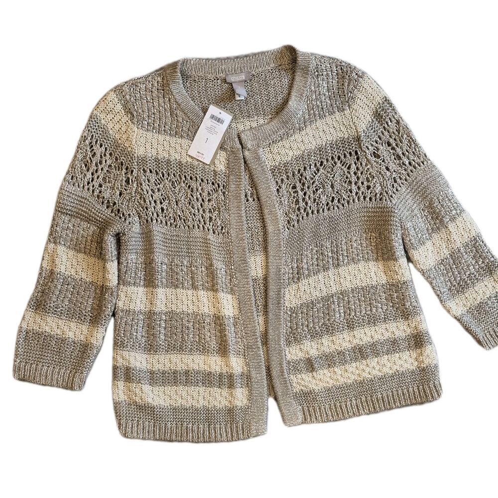 Chico's Knit Crochet Shimmer Cardigan Beige Metallic Striped 3/4 Sleeve Sweater